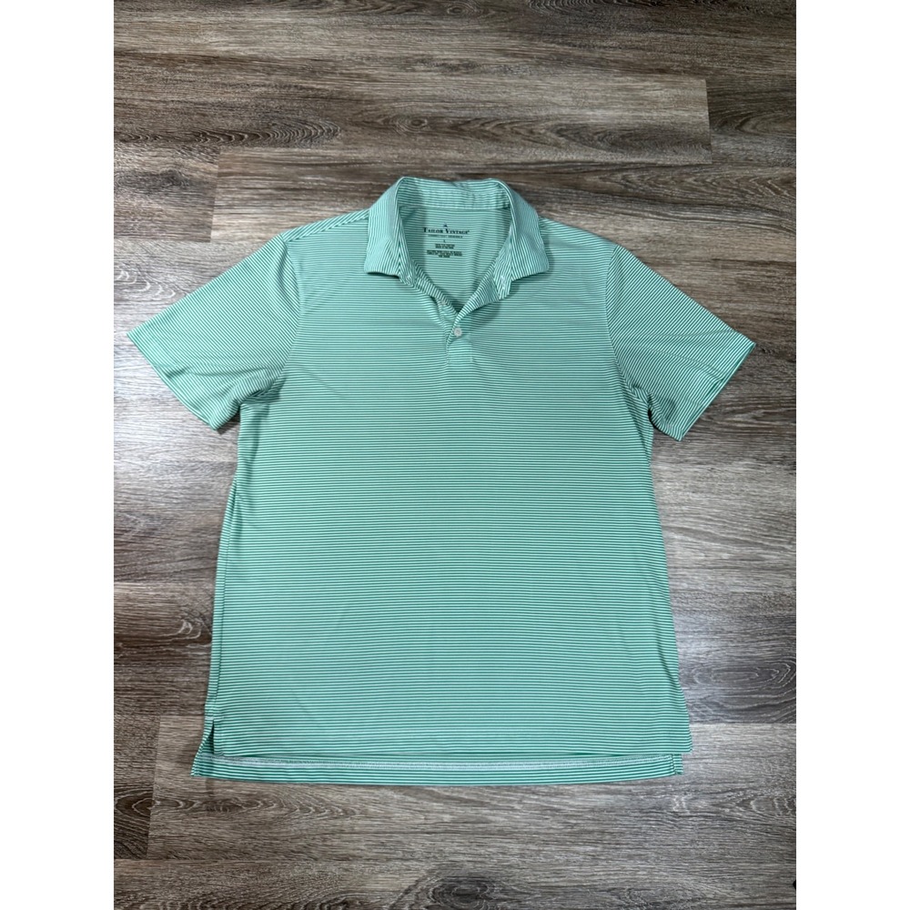Tailor‎ Vintage Polo Shirt Mens Large Green White Striped Short Sleeve